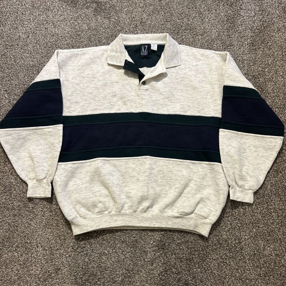 AZ Sport Knit Polo Sweatshirt Men’s 2xl White Green Blue Vintage 90s Pullover